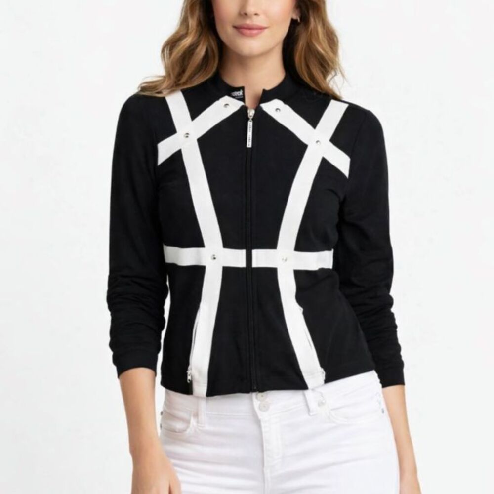 Jamie Sadock Black White Stripe Studded 3/4 Sleeve Zip Up Sweater Jacket Size S